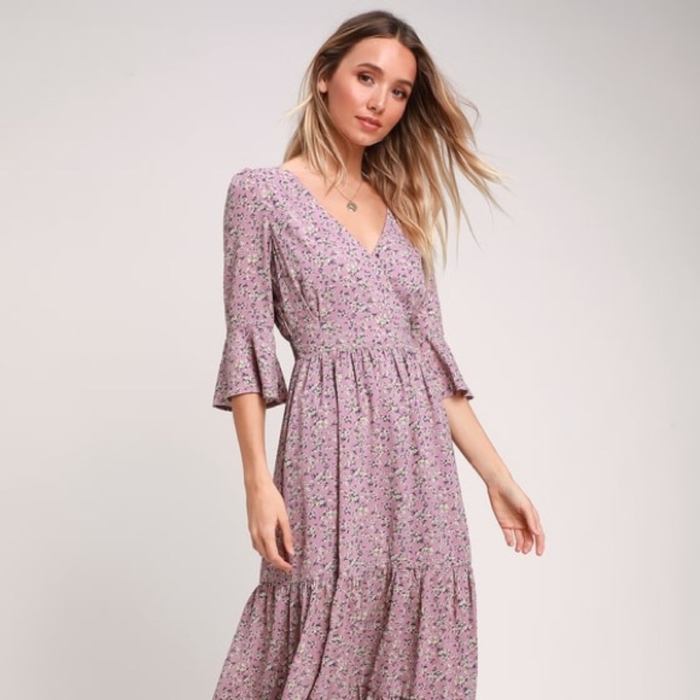 Lulus Dusty Lavender Floral Print Midi Dress